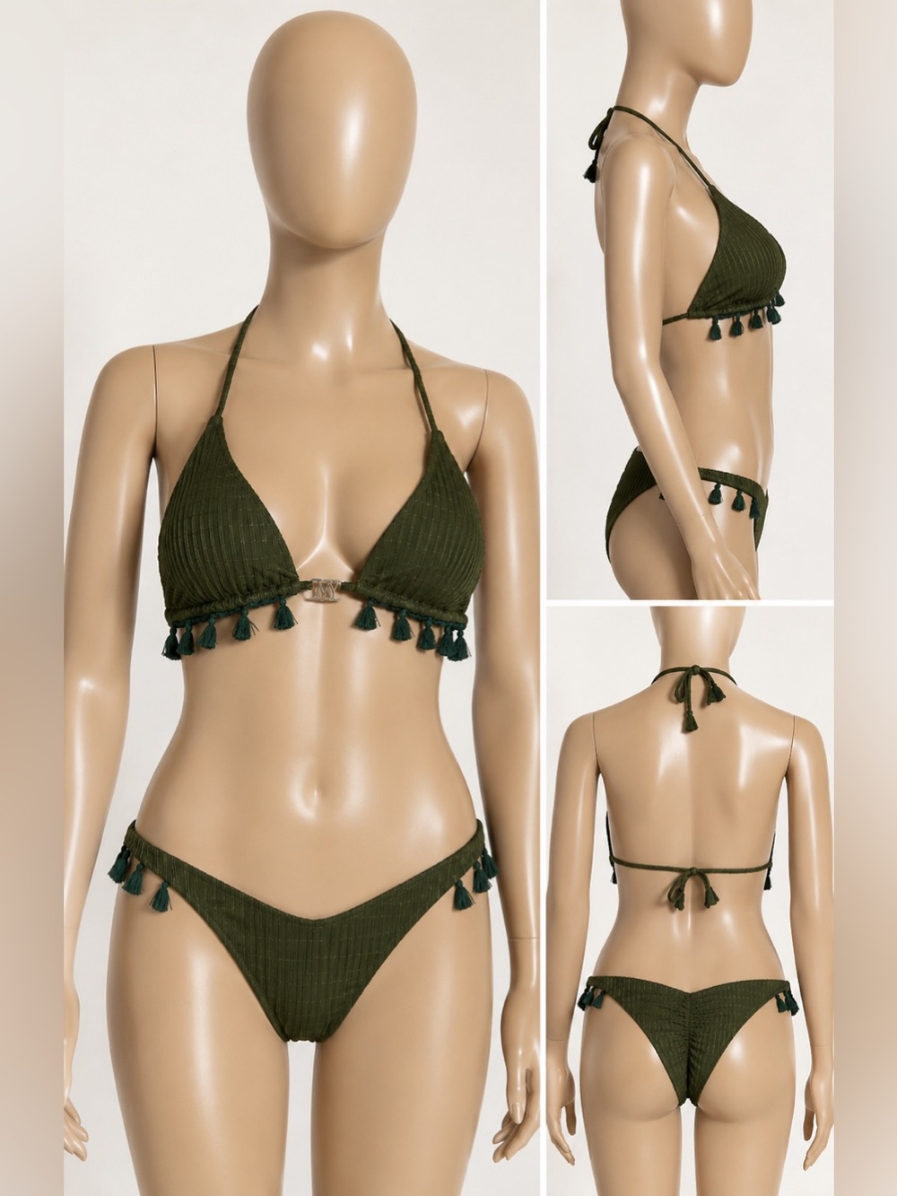 NWT IVY Olive Green Ribbed Tassel Bikini Set Size M Boho Beach Resort Swimwear